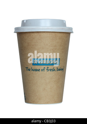 Greggs the bakers  takeaway paper cup or mug or beaker with plastic lid, England UK  isolated on white background Stock Photo