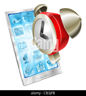 Alarm clock icon coming out of mobile phone screen concept Stock Photo