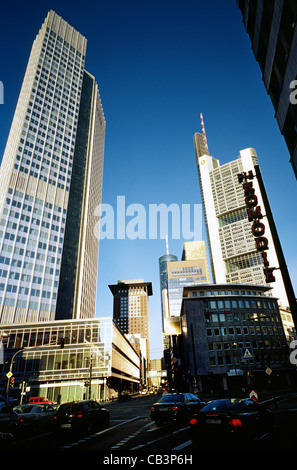 Banking district and commercial centre of Frankfurt am Main. Left to right: ECB, Japan Centre, HeLaBa and Commerzbank Tower. Stock Photo