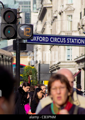 The countdown clock on a green light at the new pedestrian crossing at Oxford Circus Station in London