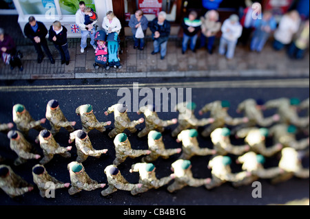 Royal Marines Commando Logistic Regiment  homecoming parade, Barnstaple high street, Devon, UK  taken with a tilt shift lens Stock Photo