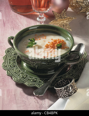 Creamed celery soup with red lentils Stock Photo