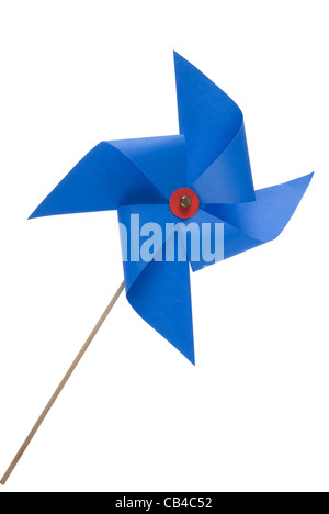 Single blue pinwheel isolated close up on white background. Included clipping path, so you can easily cut it out and place over the top of a design. Stock Photo