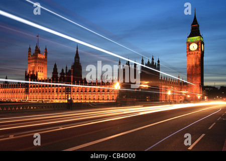 Westminster Bridge, traffic trails, Big Ben and the Houses of Parliament, London, England, UK Stock Photo