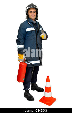 Fireman with extinguisher isolated in white Stock Photo