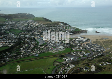 The small town of Perranporth sits behind the cliffs at the south end of Perran Sands beach on the north coast of Cornwall. Stock Photo