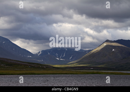 The highest point in Ural - the Narodnaya mountain. National park Yugyd Va. The republic of Komi. View from lake Maloe Balbanty. Stock Photo