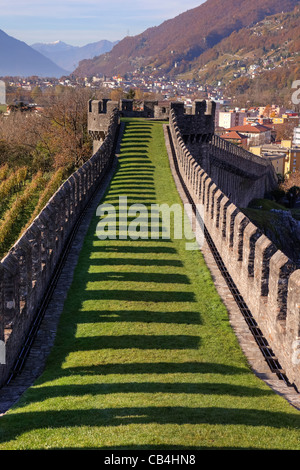 Castle walls of Castel Grande in Bellinzona, Ticino, Switzerland - is a World Heritage Site by UNESCO  Stock Photo