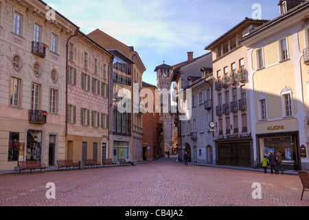 Collegiate Piazza in Bellinzona, Ticino, Switzerland with the town hall and clock tower in the background Stock Photo