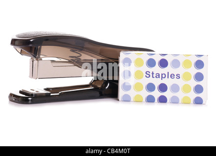 Stapler and staples on white background Stock Photo