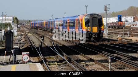 South West Trains class 450 Desiro - No. 450015 arriving from the London end at Eastleigh railway station, Hampshire, England Stock Photo