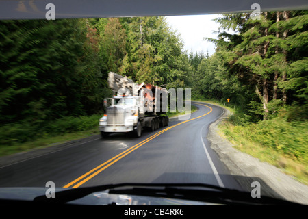 Wood logging truck somewhere in Vancouver Island. Stock Photo