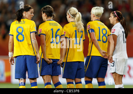 Sweden players set up a defensive wall during a 2011 Women's World Cup Group C match against the United States. Stock Photo