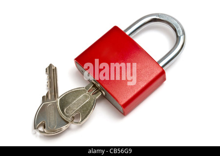 Red padlock and keys isolated on white background Stock Photo