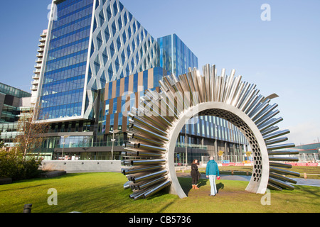 The Aeolus Accoustic wind pavilion sculpture at Media City in Salford Quays, Manchester, UK. Stock Photo