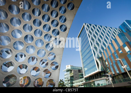 The Aeolus Accoustic wind pavilion sculpture at Media City in Salford Quays, Manchester, UK. Stock Photo