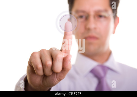 a businessman pressing a hi-tech button (you can write your command on the button: login  enter start  yes  no  ...) Stock Photo