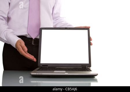 Businessman showing data on the laptop (copyspace on the laptop screen) Stock Photo