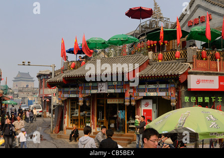 View of Hutong intersection and Bell Tower from Yinding bridge between Houhai and Qianhai lakes Beijing Peoples Republic of China Stock Photo