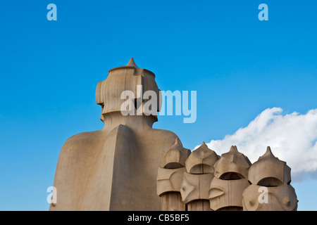 Chimneys on roof of Casa Mila by Antoni Gaudi Barcelona, Spain Stock Photo