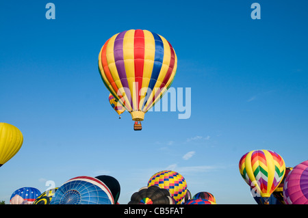 Hot-air balloons ascending over inflating ones on the ground