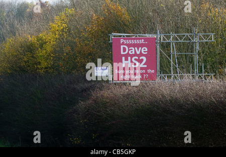 Sign on the A413 near Amersham, urging 'Dave' the Prime Minister to reconsider the HS2 rail proposal plans. Stock Photo