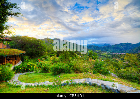 Looking down on Vilcabamba, Ecuador at sunset Stock Photo