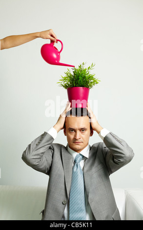 Photo of serious man with plant on head being watered from watering pot Stock Photo
