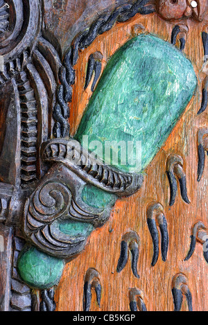 Detail of Maori carving on entrance to Taane Nuia Rangi Marae meeting house. Wairoa, Hawkes Bay, New Zealand, Australasia Stock Photo