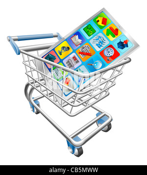 An illustration of a smart mobile phone or tablet PC in shopping cart trolley Stock Photo