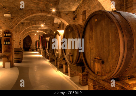 Wine cellar in the Benedictine Abbey of Monte Oliveto Maggiore, large monastery in Tuscany, Italy Stock Photo