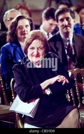 Veteran White House correspondent Helen Thomas during President Clinton first solo news conference in almost a year, in the East Room of the White House March 19, 1999. Thomas has covered the White House since 1961 Stock Photo