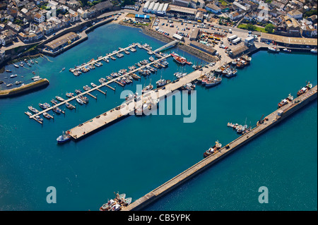 Aerial Sea view of Penzance harbour with fishing boats