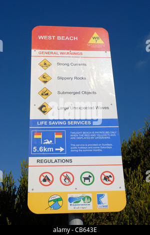 General warnings & Regulations signpost at West Beach, Espereance, Western Australia, Australia Stock Photo