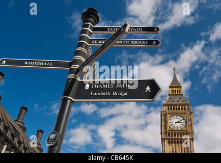 THAMES PATH Sign post in Westminster directing visitors to various points of interest Big Ben in background London UK Stock Photo