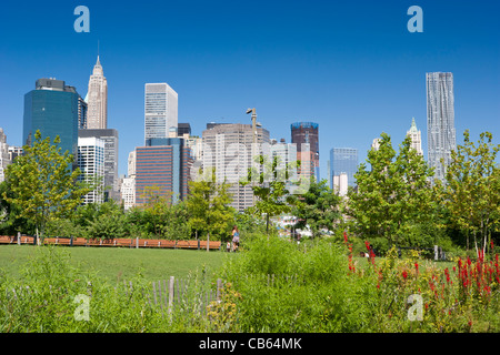 Lower Manhattan Skyline from Brooklyn Bridge Park Stock Photo