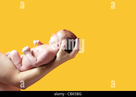 newborn on hand father isolated on yellow background Stock Photo