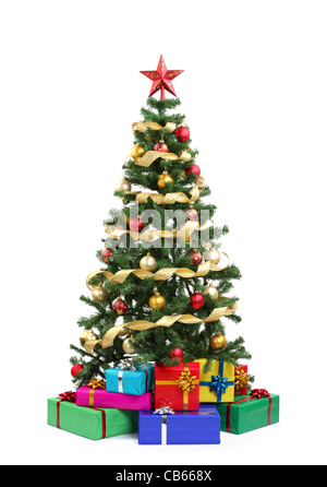 Christmas tree and gifts.Isolated on white. Stock Photo