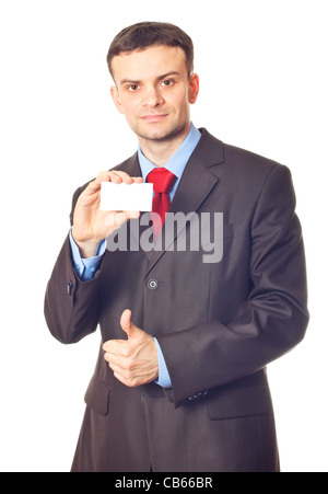 Businessman handing a blank business card over white background Stock Photo