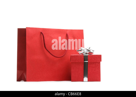 Shopping bag and gift box isolated on white. Stock Photo