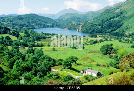Farm farmhouse and Llyn Gwynant lake from Nant Cynnyd in Snowdonia National Park north Wales, UK Stock Photo