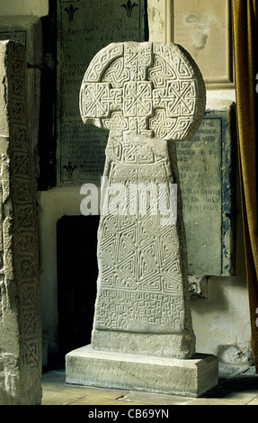 The Houelt Cross. One of the early British Celtic Christian stones in St. Illtyd's Church, Llantwit Major, Glamorgan, Wales, UK Stock Photo