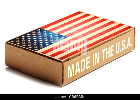 Blank cardboard box 'Made in the USA' isolated on white background. Stock Photo