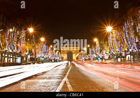 Champs Elysees light on for Christmas day Stock Photo
