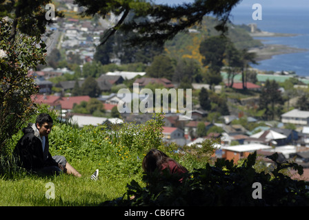 Couple of young people at a viewpoint in Puerto Montt. Lake's District, Chile Stock Photo