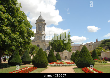 Abbey church an gardens of the Abbaye de St-Florent-le-Vieil in the UNESCO world heritage Loire valley Stock Photo