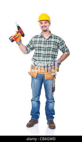 smiling worker with red drill on white background Stock Photo