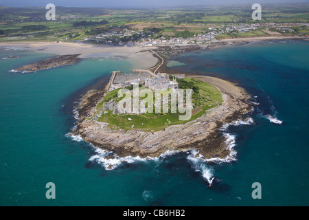 Aerial photo of  St Michael's Mount, Penzance, Lands End Peninsula, West Penwith, Cornwall, England, UK, United Kingdom, GB, Stock Photo