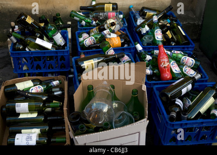 Boxes of empty drink bottles waiting for recycling, Bath Spa England UK Stock Photo