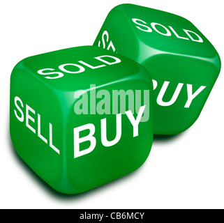 Pair of green dice with the words SELL, BUY and SOLD printed on their sides. White background, Cutout Stock Photo